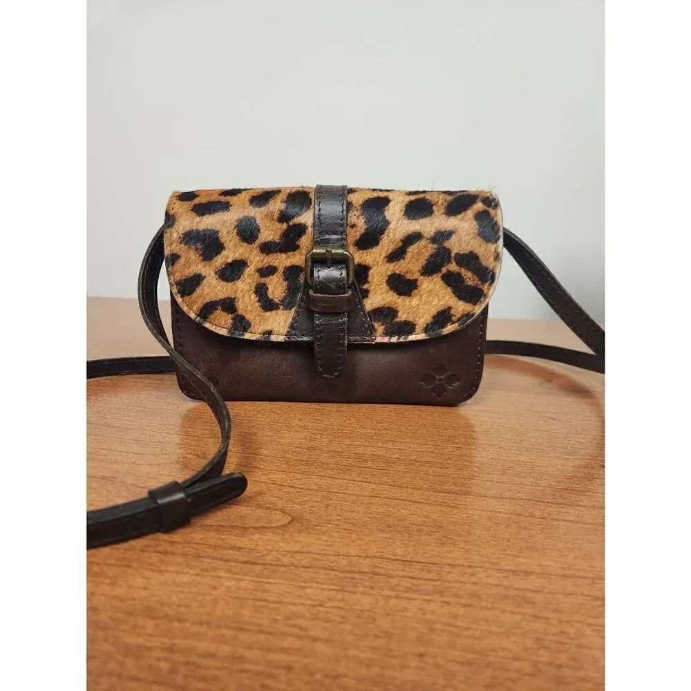 Patricia Nash Leopard Print Calf Hair Fur Brown Leather Crossbody Handbag Bag